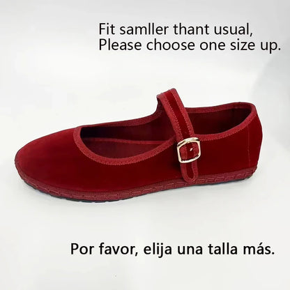 Women's Velvet Mary Jane Shoes – Hand-Stitched Ballet Flats, Casual Streetwear Loafers in Solid Colors