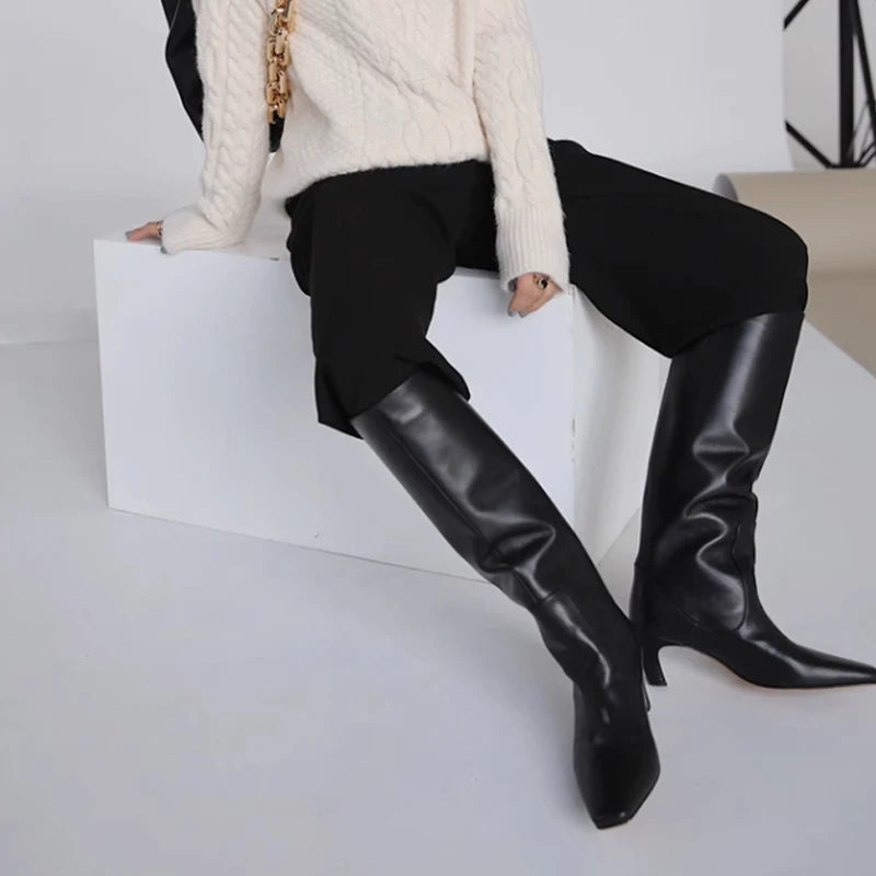 JOZHAMTA Women's Knee Boots – Real Leather, Wide Calf, Fall/Winter 2025 Kitten Heels, Long Tall Casual Dress Boots (Size 34-43)