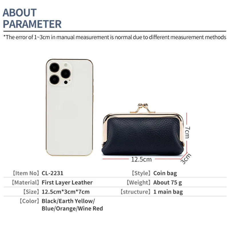 Genuine Leather Clip Wallet Bag – Cowhide Small Handbag for Coins, Car Keys, Lipstick & Earphone Storage, Women’s Pouch Case