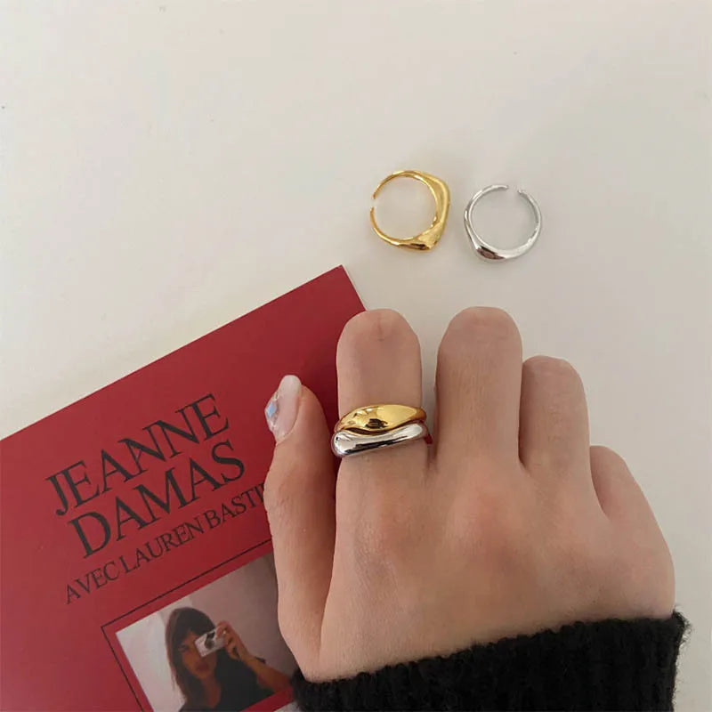 Gold & Silver Irregular Wave Ring — Handmade Geometric Adjustable Jewelry for Women