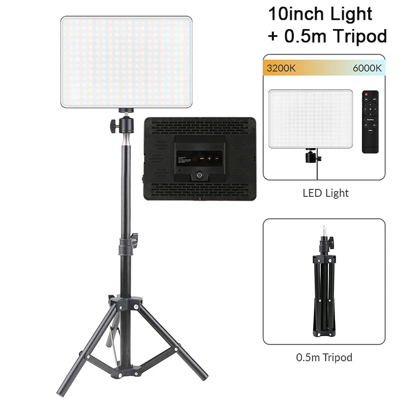 LED Video Light Panel - 10/14-Inch Photography Lighting, 3200K–6000K, Remote Control, EU Plug for Studio & Live Streaming
