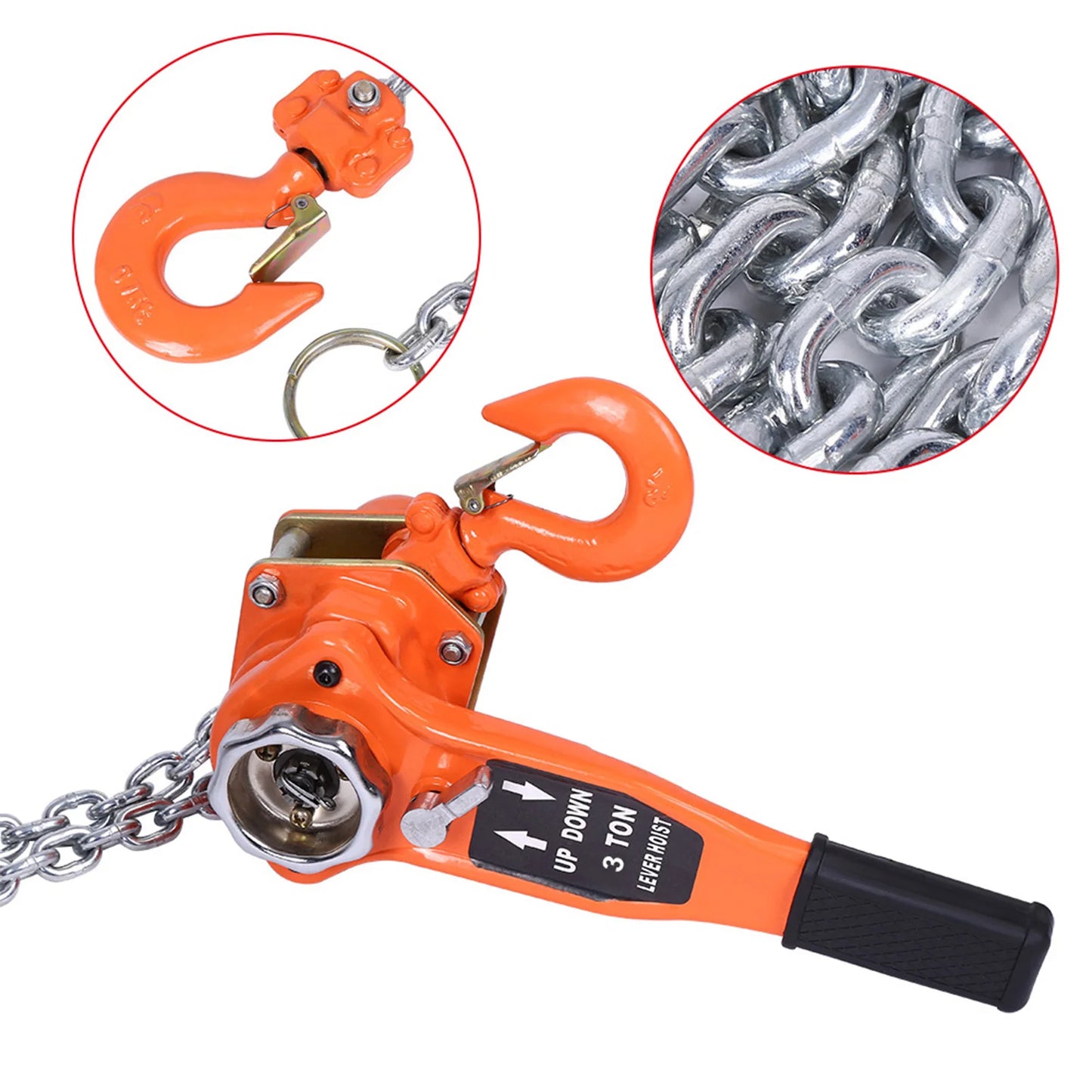 Orange 3T/3000kg Chain Block Hoist – Ratchet Lever Pulley Lifting System, 3m Length