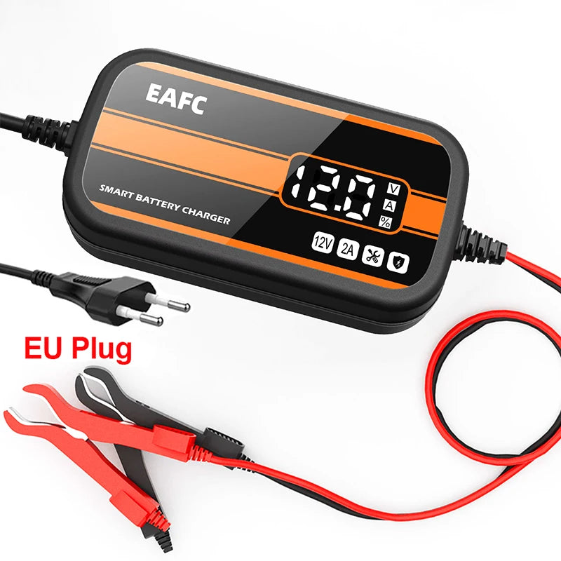 12V Smart Car Battery Charger – Digital Display Lead-Acid Battery Maintainer and Repair Charger for Cars, SUVs, and Motorcycles (2Ah–20Ah)