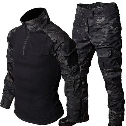 Men’s RU Camo Tactical Outfit Set - 2-Piece Breathable Long Sleeve Shirt and Multi-Pocket Cargo Pants for Outdoor Training and Combat Wear