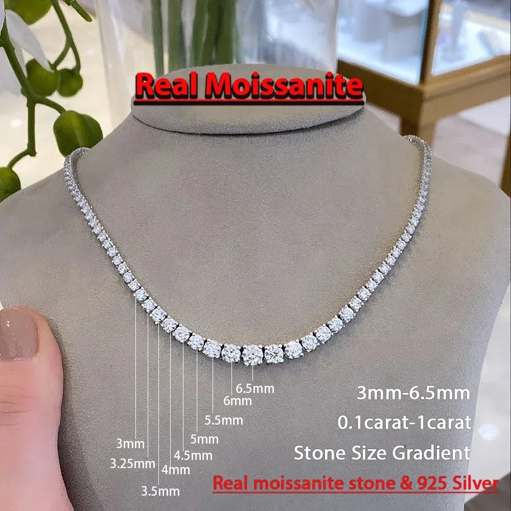 Moissanite Tennis Necklace with Certificate – 3–5mm Gradient Diamond Riviera Necklace in S925 Silver Choker for Women