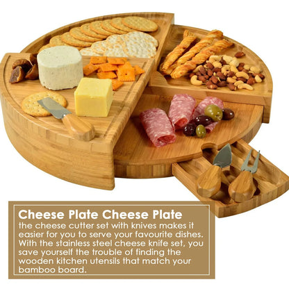 Cheese Board Cutlery Set with Slide-Out Drawer – Slicer, Fork, Scoops and Kitchen Storage Tools