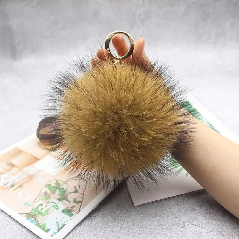 Luxury 15cm Fluffy Real Raccoon Fur Pom Pom Keychain – High-Quality Metal Ring Pendant for Women