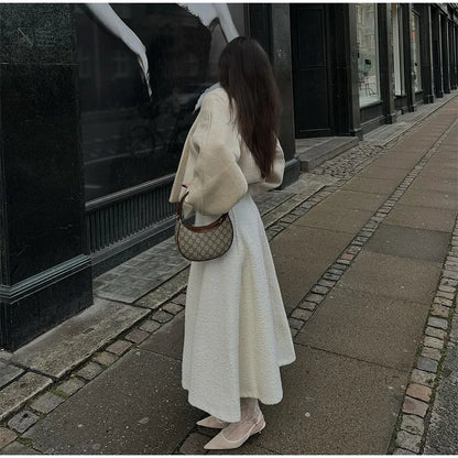 2024 Women's Elegant Solid Wool Blend Cardigan Coat – Round Neck, Single Button, Long Sleeve High Street Outwear