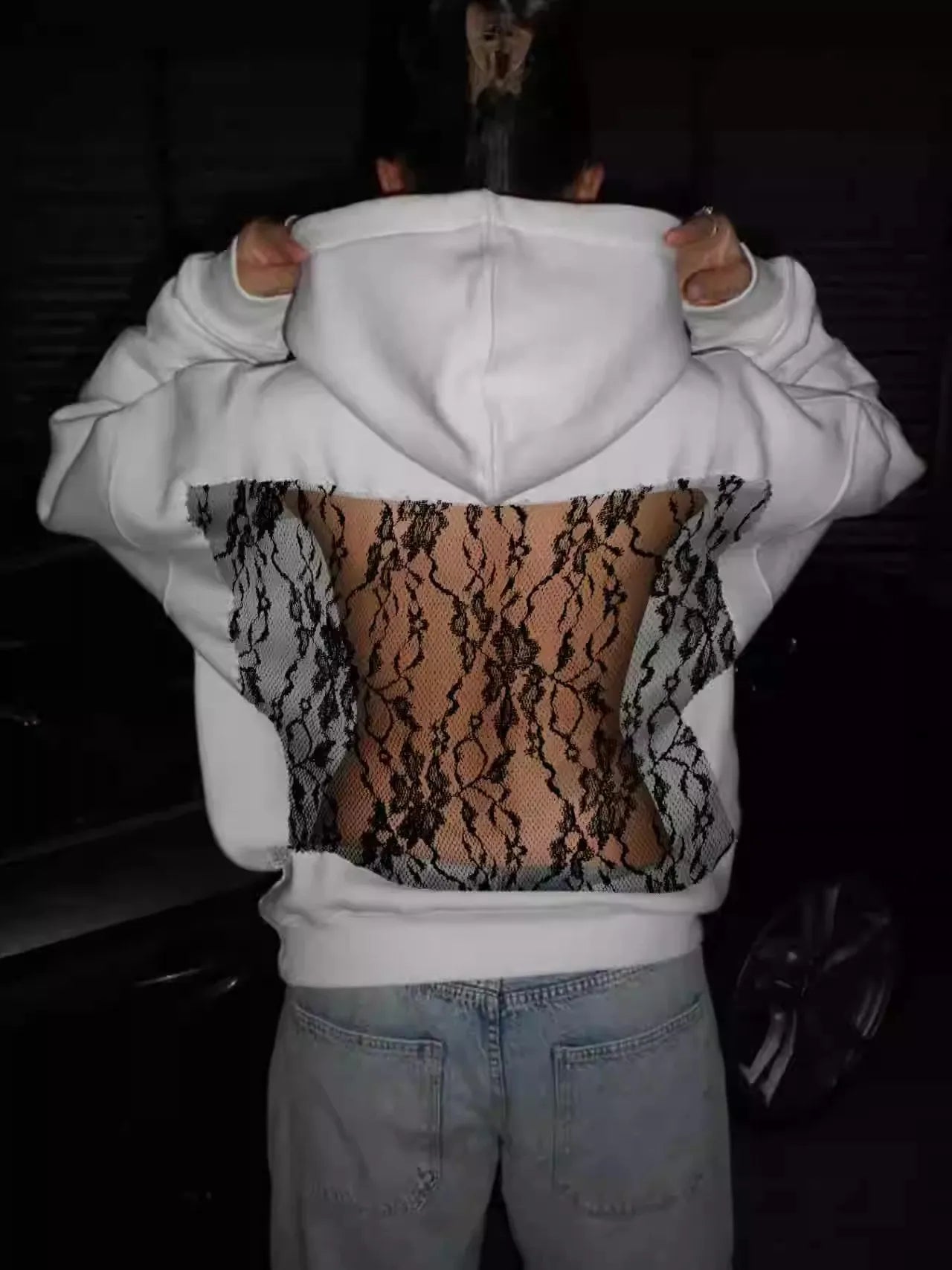 Women's Lace Splice Hoodie - Sexy See-Through Backless Fleece Pullover for Autumn & Winter Streetwear Fashion