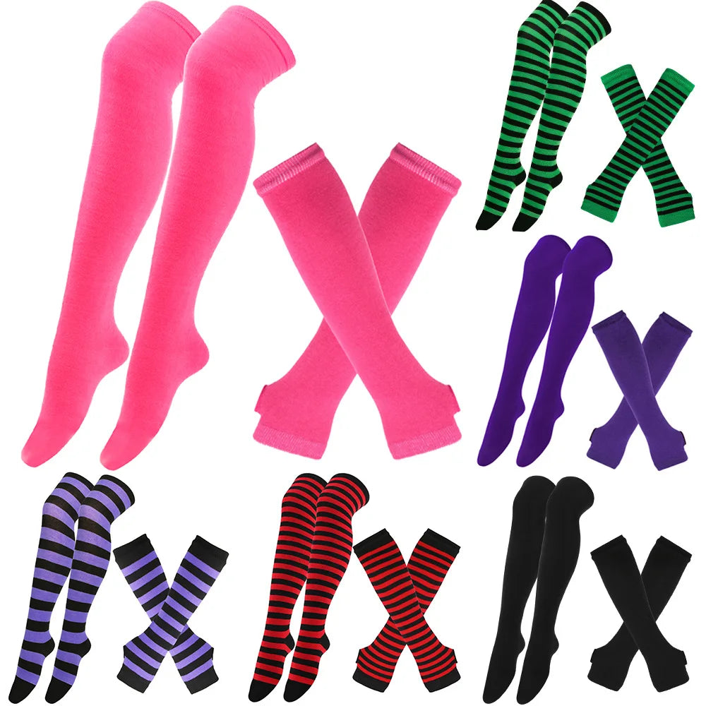 Women & Girls Over Knee Long Stripe Printed Thigh High Cotton Socks – Cute Plus Size Arm Sleeve Gloves & Overknee Socks