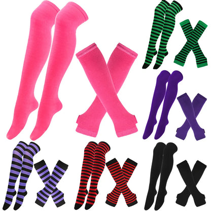 Women & Girls Over Knee Long Stripe Printed Thigh High Cotton Socks – Cute Plus Size Arm Sleeve Gloves & Overknee Socks