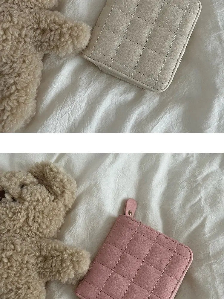 Women’s Small PU Leather Zipper Wallet with Coin Purse – Cute Plaid Mini Korean Card Holder, New Arrival