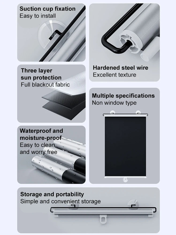 Sunshade Roller Blinds – Blackout Retractable Window Curtains with Suction Cup, Punch-Free for Kitchen & Bedroom