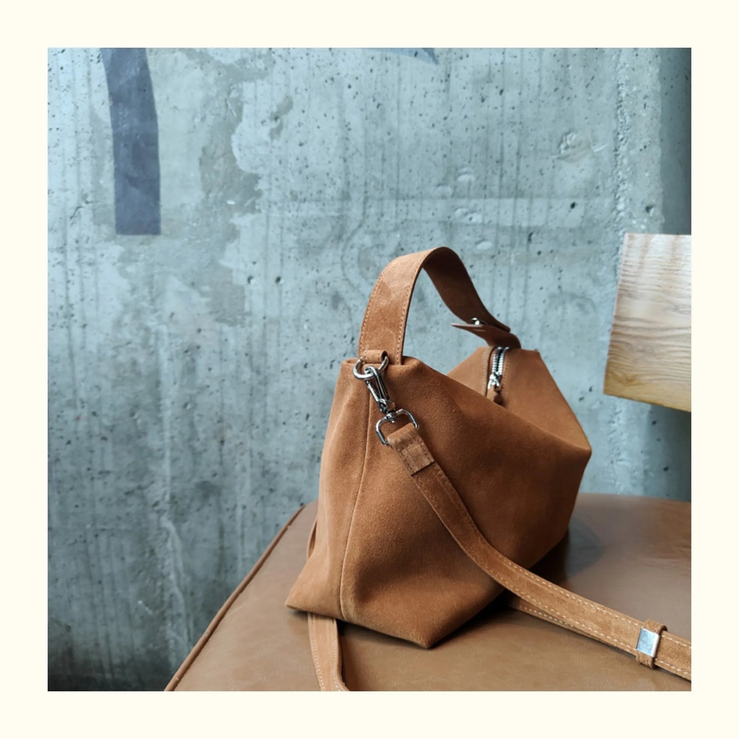 Simple Autumn Winter Grey & Brown Boston Tote — Soft Matte Suede Cow Leather Women's Shoulder Handbag