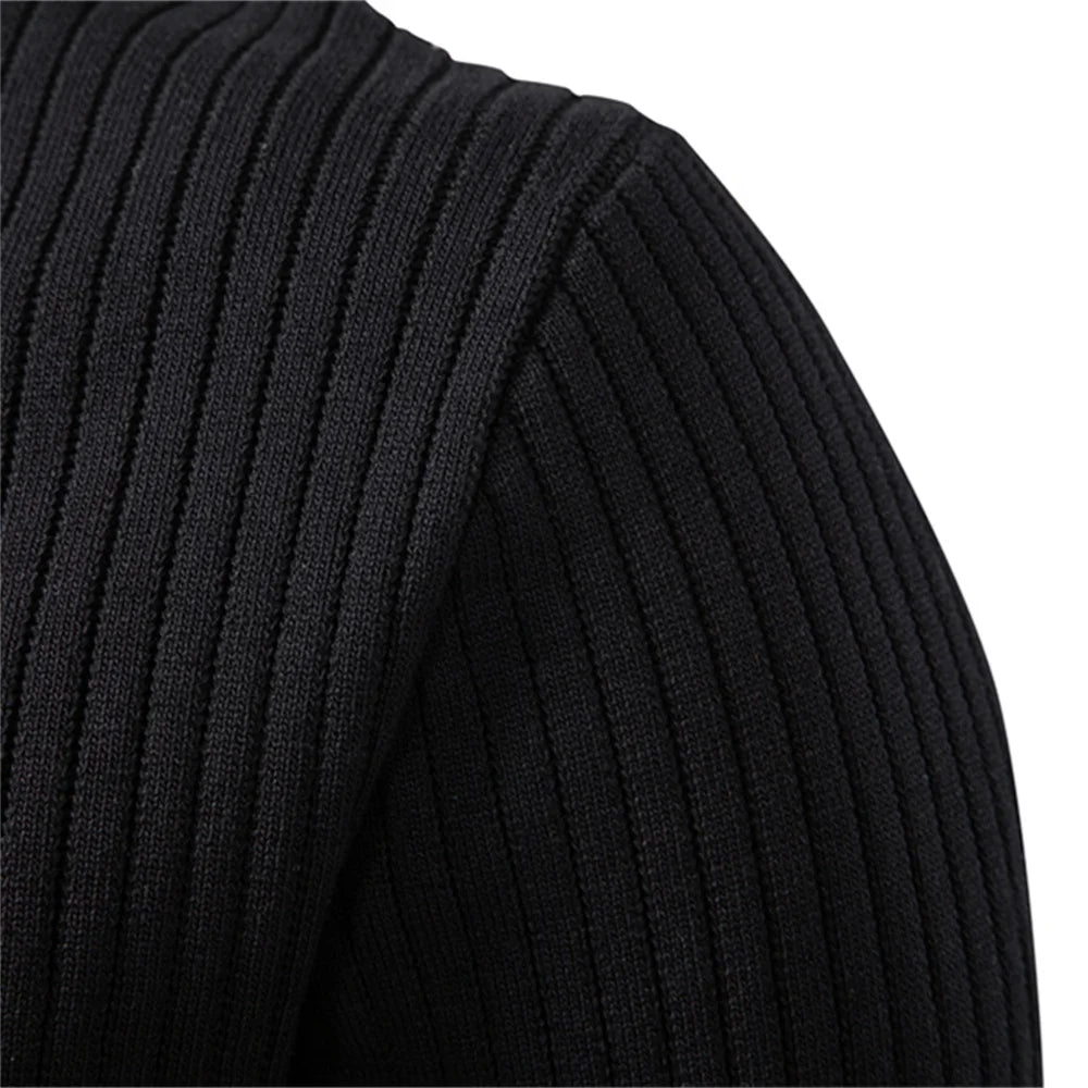 Men's Ribbed Stripe Polo Shirt - Long Sleeve Button Placket Premium Business Casual Top