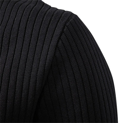 Men's Ribbed Stripe Polo Shirt - Long Sleeve Button Placket Premium Business Casual Top