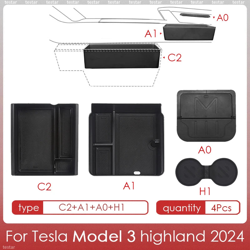 Tesla Model 3 Highland 2024 Center Console Storage Box – Armrest Organizer Accessory for Model 3 Stowing & Tidying