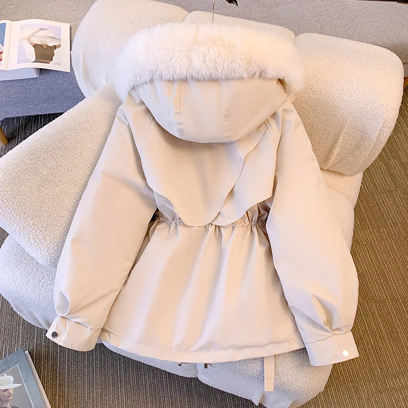 Fleece-Lined Hooded Down Jacket for Women – Warm Padded Parka, Casual Korean Streetwear Winter Coat