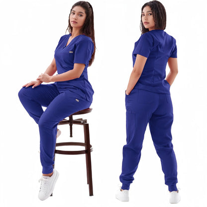 Multicolor Jogger Suit Nurse Scrubs Set - Medical Clinical Clothes with Short Sleeve V-Neck Tops and Pocket Pants, Doctor Nursing Uniforms