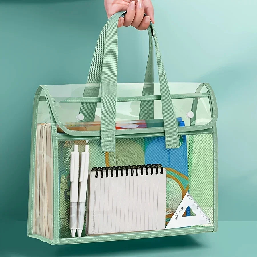 Large Capacity Portable Transparent Waterproof Handheld Folder – Expandable PVC File Storage Bag with Self-Adhesive Closure