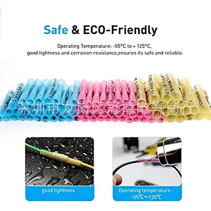 10/50/100/200PCS Heat Shrink Butt Connectors – AWG 24-10 (0.3-6.0mm²) Waterproof Insulated Wire Crimp Terminals for Automotive Cables
