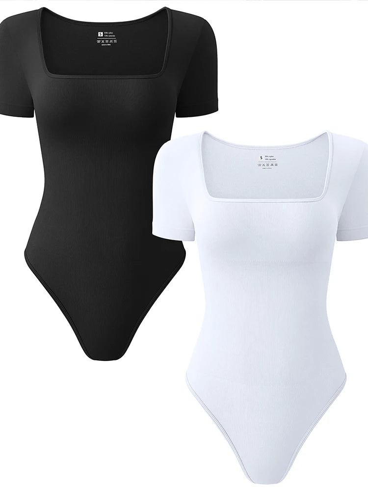Women’s Early Autumn Square Neck Seamless Bodysuit – Short Sleeve Solid Color Body Shaping Jumpsuit Top