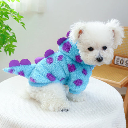 Pet Hooded Coat: Warm Blue Dinosaur Jacket for Small-Medium Dogs - Autumn/Winter Thickened Clothing with Drawstring Buckle