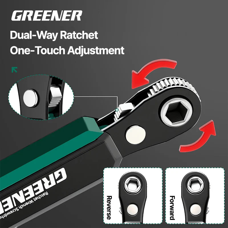 GREENER 36T Mini Right-Angle Ratchet Wrench - 1/4" Hex Drive Quick-Release Tool for Tight Spaces
