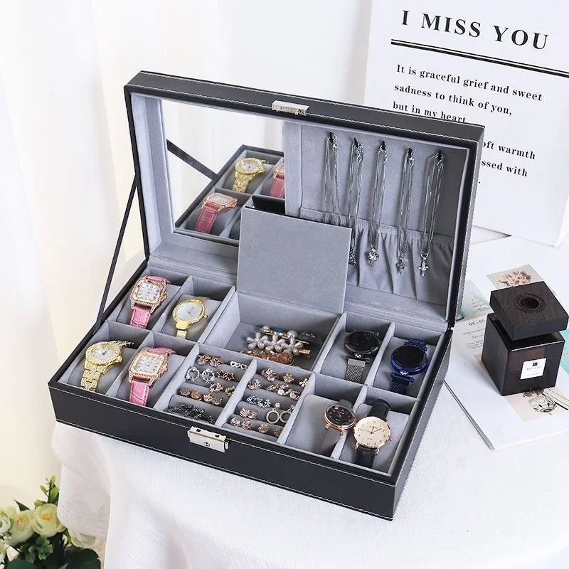 PU Leather Jewelry & Watch Organizer Box — Storage Case for Rings, Earrings, Bracelets, Perfect Gift Casket