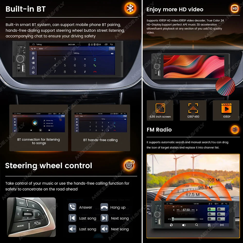 6.86" 1-DIN Car Stereo - HD Touchscreen Wireless CarPlay Bluetooth FM USB Multimedia Player