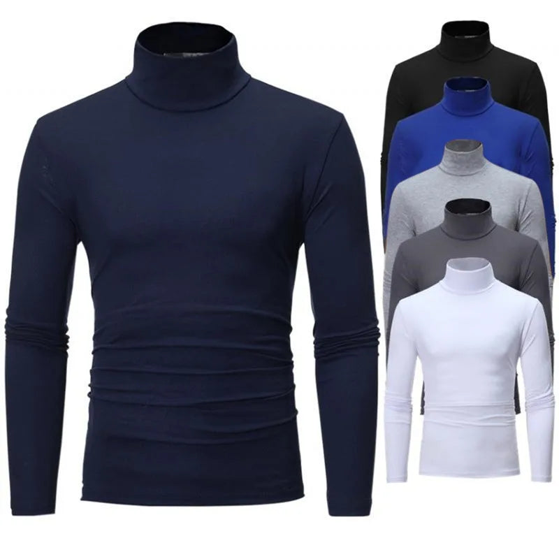 Men's Slim Fit High Neck Cotton T-Shirt - Breathable Long Sleeve Casual Pullover for Autumn and Winter