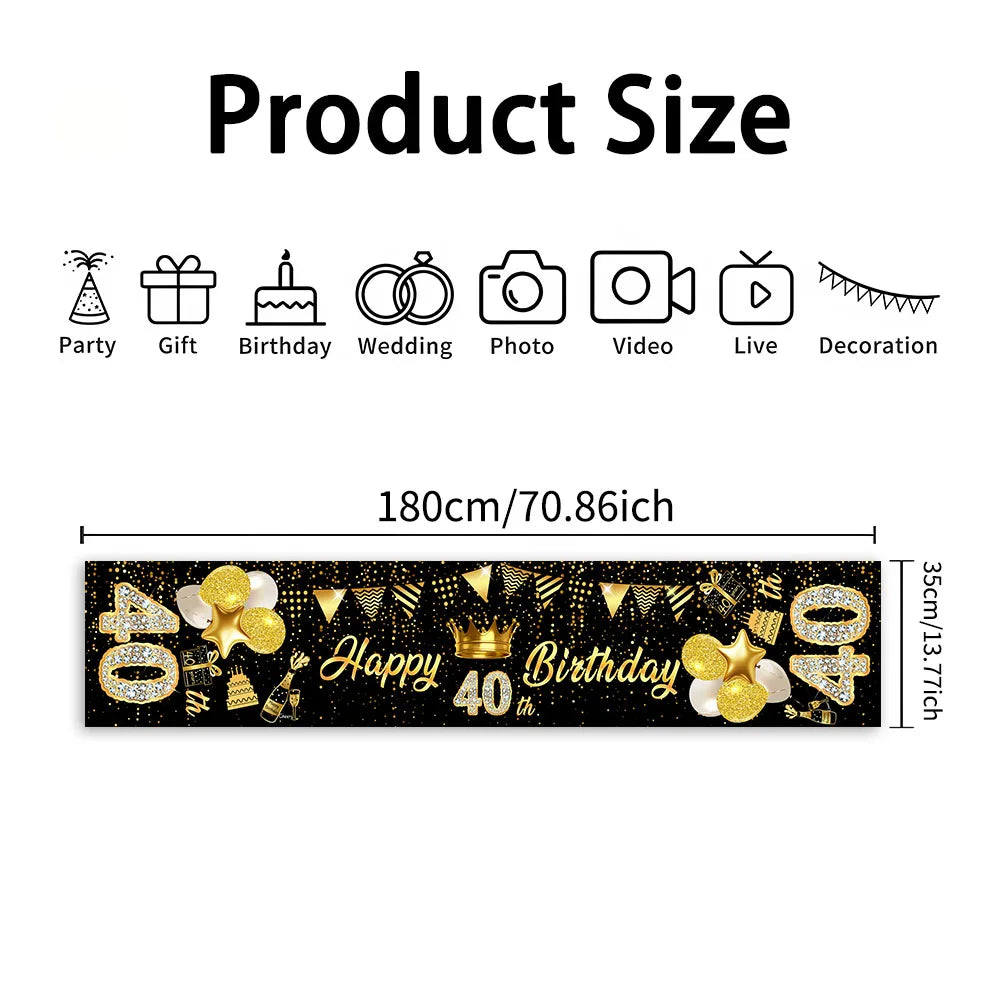 Black & Gold Birthday Table Runner – Polyester Diamond Number Crown Table Cloth for Party Centerpiece Decoration