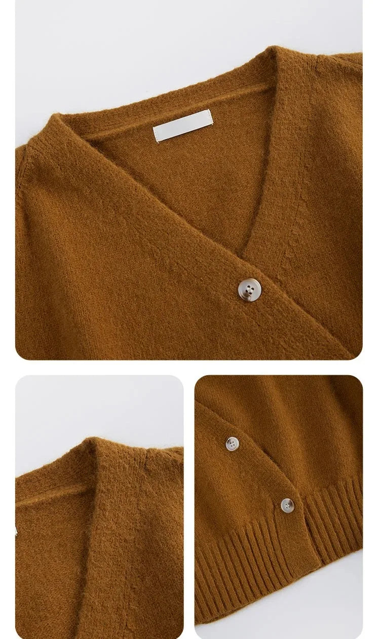 Korean Women's Autumn Winter Knitted Cardigan – Diagonal V-Neck Long Sleeve Single-Breasted Sweater
