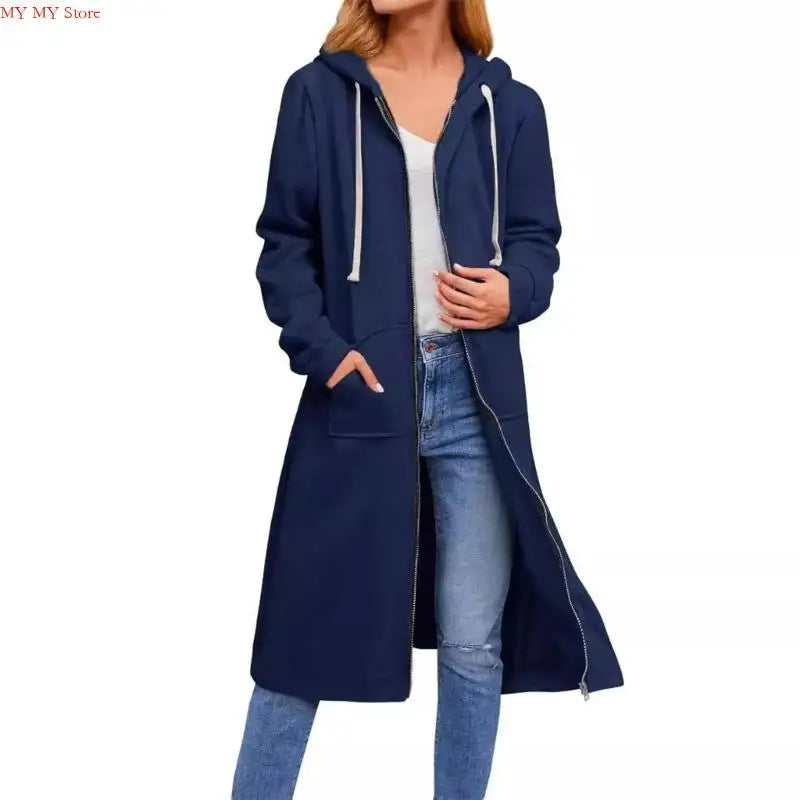Women's Loose Fit Hooded Coat - Full Zip Long Sleeve Cotton Jacket with Pockets