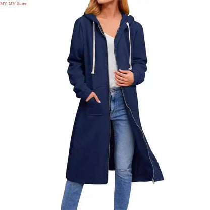 Women's Loose Fit Hooded Coat - Full Zip Long Sleeve Cotton Jacket with Pockets