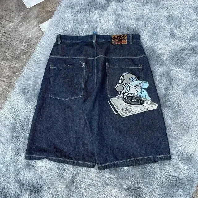 Unisex Y2K Rock Hip Hop Patchwork Denim Shorts – Retro Cartoon Pattern Baggy Casual Basketball Fitness Shorts