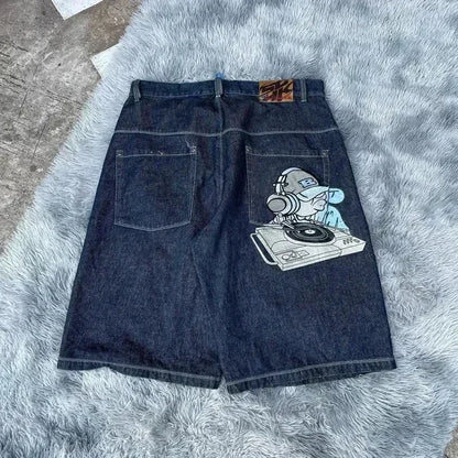 Unisex Y2K Rock Hip Hop Patchwork Denim Shorts – Retro Cartoon Pattern Baggy Casual Basketball Fitness Shorts
