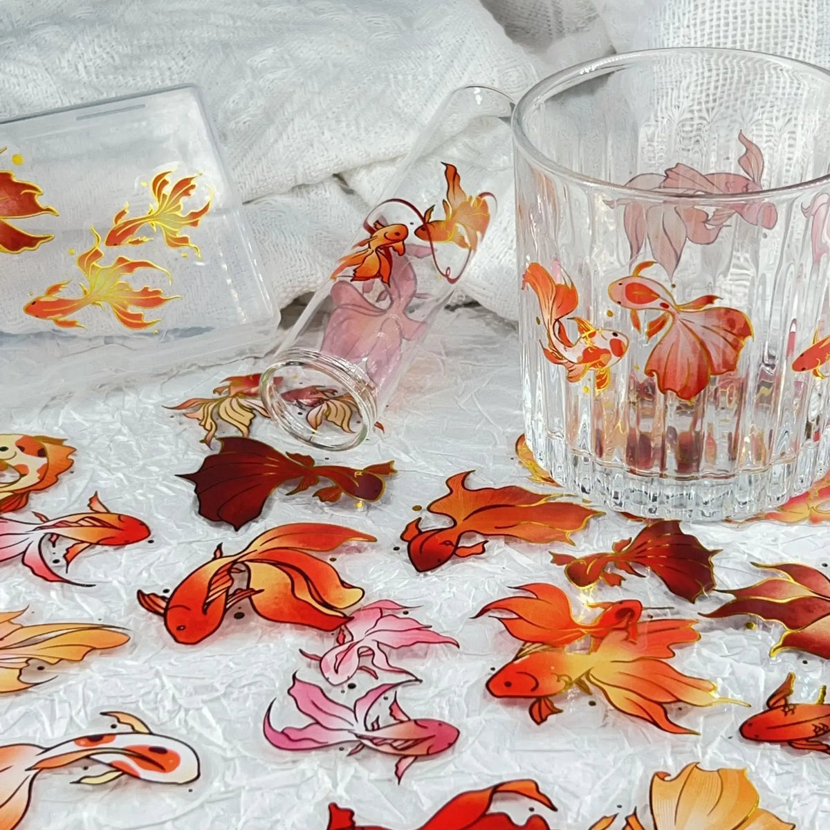 50/100PCS Gold Foil Koi Fish Stickers - Clear Waterproof Cartoon Decals for Phones, Laptops, Helmets & More