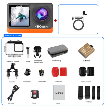 Ourlife 4K 60FPS Action Camera – 24MP WiFi Sports Camera with 2.0” Touch IPS Screen, 170° Wide Angle, EIS Stabilization, 30M Waterproof Case & 4X Zoom for Helmet & Outdoor Recording