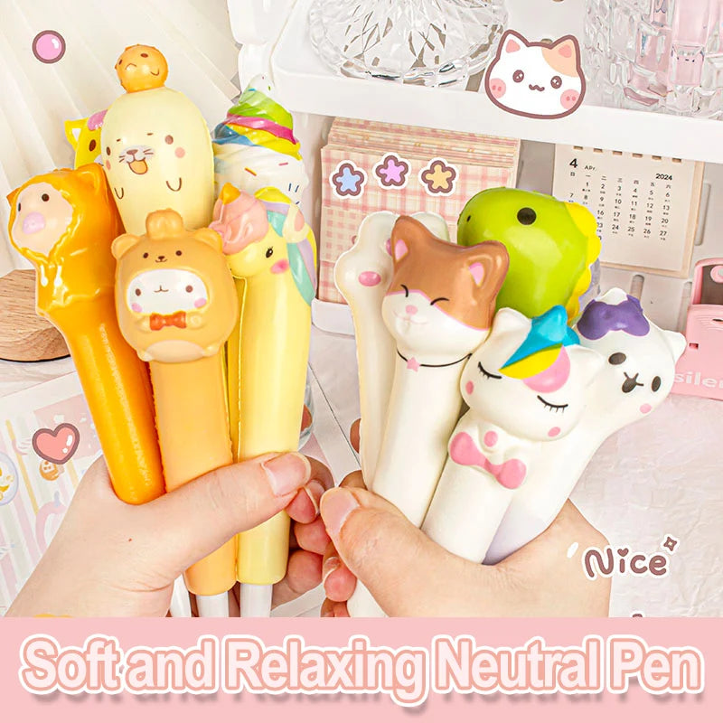 10-Piece Cartoon Stress Relief Gel Pen Set – Soft Squeeze Black Ink Pens for Students, School, and Creative Gifts