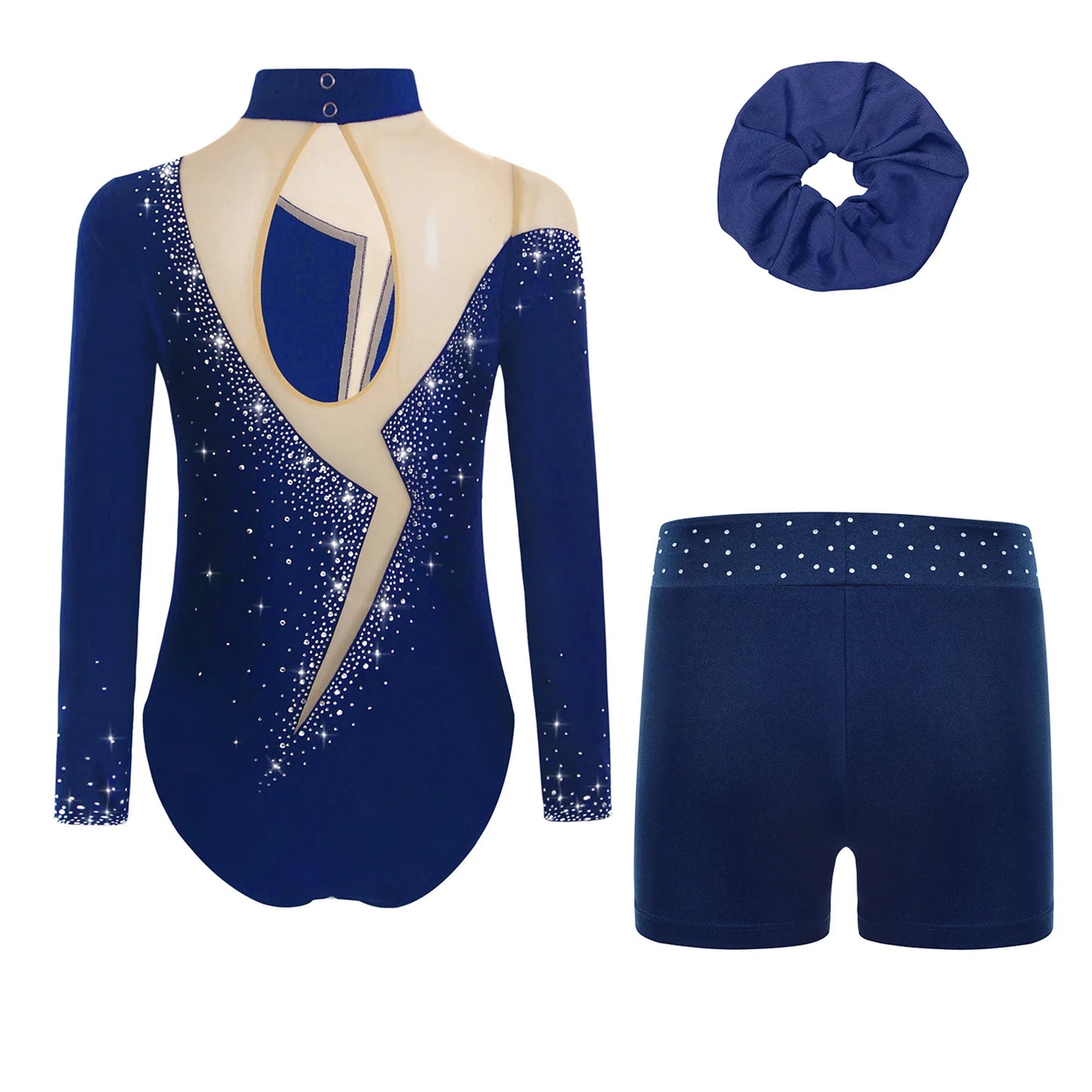 Kids Girls Long-Sleeve Ballet Leotard with Body Shorts & Hair Band — Gymnastics Dance Bodysuit