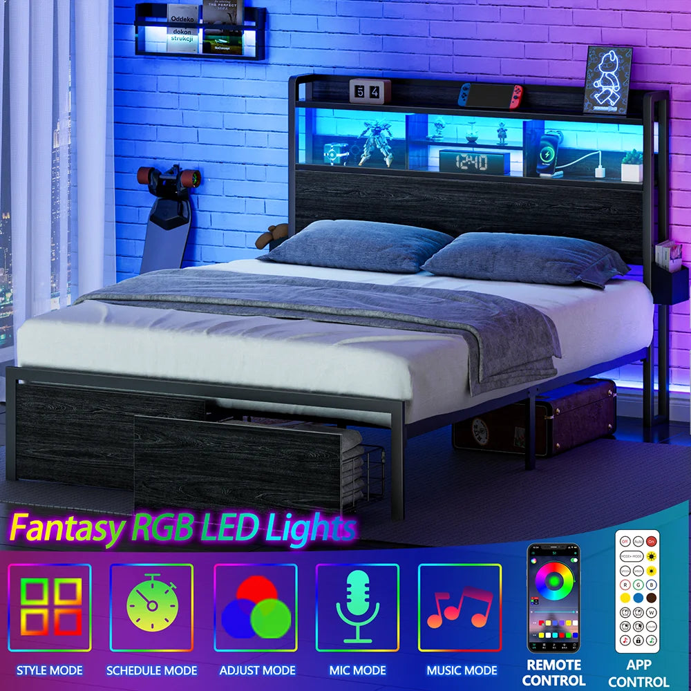 Full/Queen Bed Frame with Storage Headboard – Metal Platform Bed with Drawers, LED Lights & Built-In Charging Station