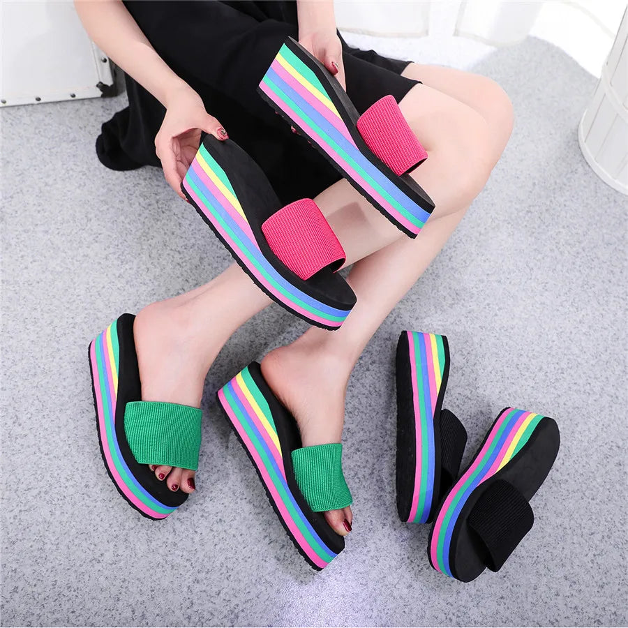 Summer Women’s Rainbow Bohemian Clip Toe Flip Flops – Non-Slip Wedge Beach Sandals