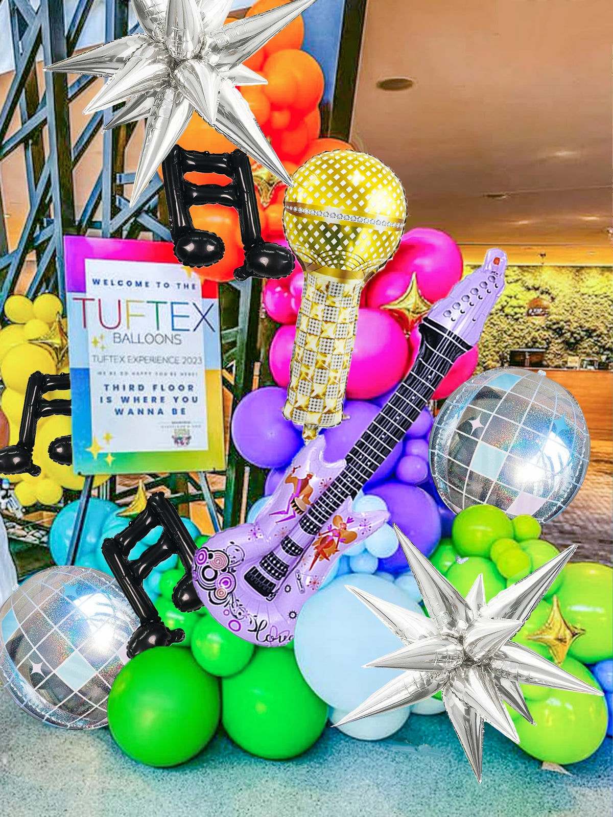 24-Piece Pop Music Party Balloon Set – Guitar, Microphone, Disco Ball, Musical Notes and Star Decorations