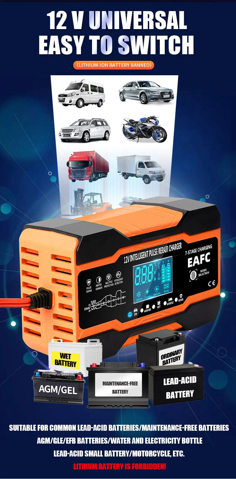 12V/24V Smart Battery Charger — 10A/12A Fast Charger with 7-Stage Pulse Repair for AGM, GEL, WET Lead-Acid Car Batteries