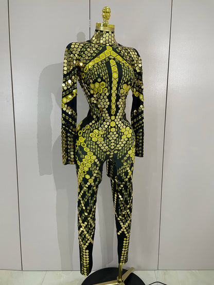 Sexy Shiny Silver Sequin & Black Spandex Jumpsuit — 2025 Women’s Prom, Dancer & Stage Performance Costume