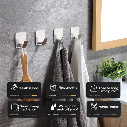 Bathroom Adhesive Wall Hooks - Stainless Steel Multi-Purpose Towel Rack Hooks for Kitchen & Home Storage