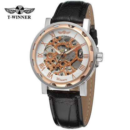 T-Winner Classic Skeleton Watch – Mechanical Hand-Wind Wristwatch with PU Leather Strap for Men & Women
