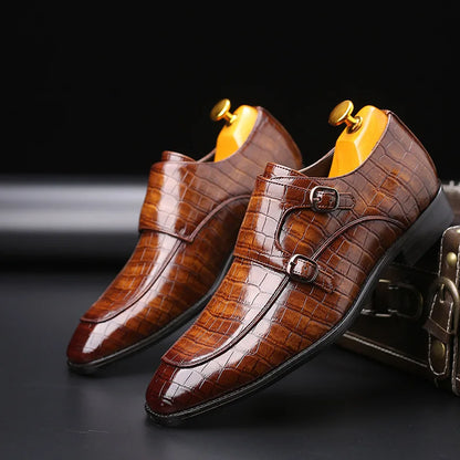 Men’s Crocodile Grain Leather Brogue Shoes - Luxury Buckle Dress Shoes for Business, Wedding and Party Wear