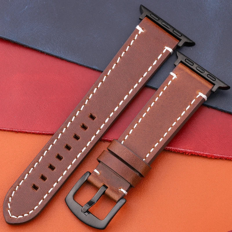Genuine Leather Apple Watch Strap – Compatible with Series 7, 6, 5, 4, SE (40mm–49mm) for Men & Women
